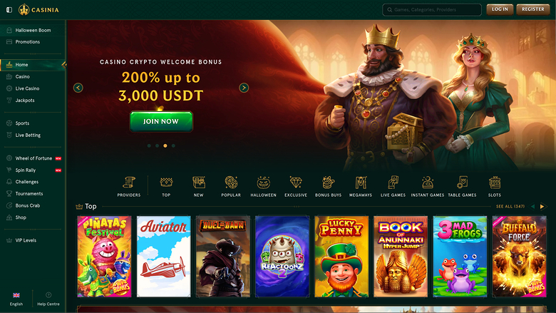 Casinia casino lobby screen showing a welcome bonus hero banner and a row of game thumbnails under a Top category.