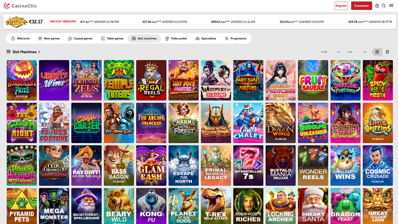 CasinoCinle lobby showing a grid of slot machine game tiles beneath a jackpot ticker and category tabs.