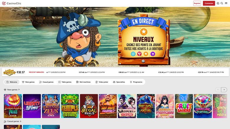 CasinoClic homepage shows a pirate-themed hero banner above a recent winners ticker and a row of game thumbnails.