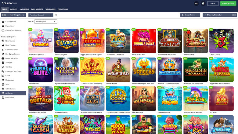 A casino lobby screen showing a grid of game tiles with a left sidebar of categories and a top navigation bar.