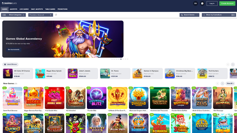 CasinoEuro lobby page showing a promotional hero banner, a Latest Winners strip and two rows of game tiles.