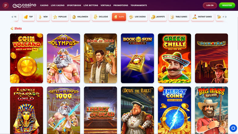 A casino lobby Slots tab showing a grid of twelve game tiles beneath a category filter bar and a top navigation menu.