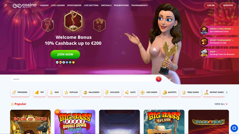 An online casino homepage shows a welcome bonus banner with a 10% cashback offer up to €200 and a JOIN NOW button above a lobby with search, category filters an