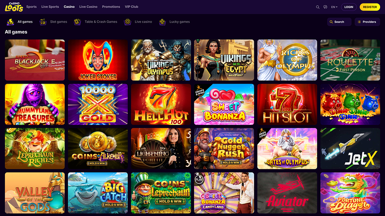 A casino lobby screen showing a grid of game tiles under an 'All games' heading with category tabs above.