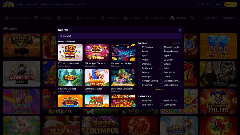 An online casino lobby with a dark theme showing a search overlay listing jackpot games alongside provider and category filters.