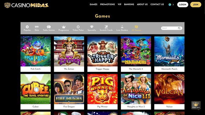 A Casino Midas 'Games' lobby page showing a category bar above a grid of ten game tiles with titles.