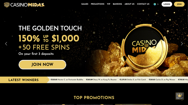 A Casino Midas homepage hero banner shows a 150% up to $1,000 plus 50 free spins welcome offer over a gold-nugget background, with a latest winners ticker and a