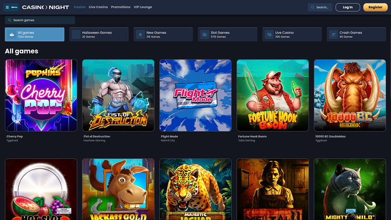 An online casino lobby titled CASINO NIGHT showing a search bar, category tabs and a grid of game tiles under an All games heading.