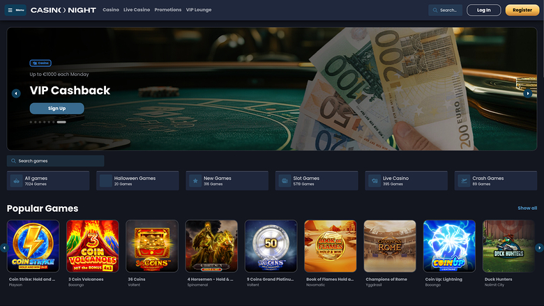 An online casino lobby page for Casino Night showing a VIP Cashback hero banner, category tiles and a row of popular game thumbnails.
