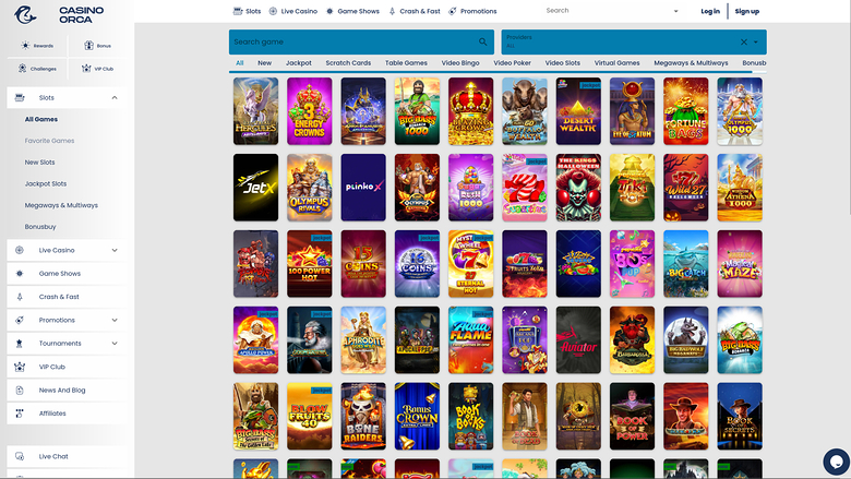 Casino Orca lobby page showing a grid of game tiles under a top menu and a left sidebar of casino categories.