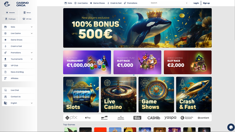 Casino Orca homepage showing a 100% bonus up to 500 EUR hero banner, three promotional tiles, four category tiles, payment icons and a Top Games row.