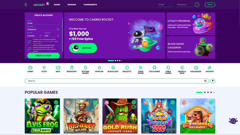 A desktop casino lobby screenshot for Casino Rocket showing a welcome bonus hero, a registration form, category icons, and a row of popular game tiles.