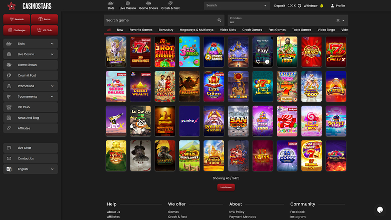 A casino lobby screen showing a grid of game tiles with a left sidebar and top navigation bar.