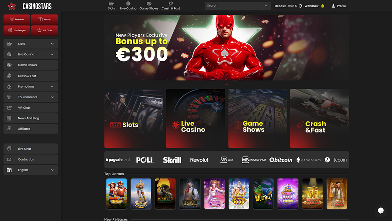 CasinoStars lobby screen showing a superhero-themed welcome bonus banner, category tiles, payment icons and a Top Games row.