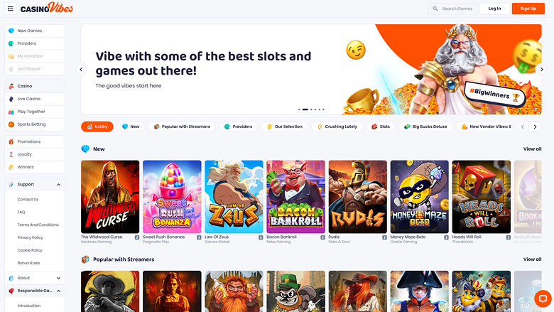 A CasinoVibes online casino lobby page showing a promotional hero banner and rows of game tiles.