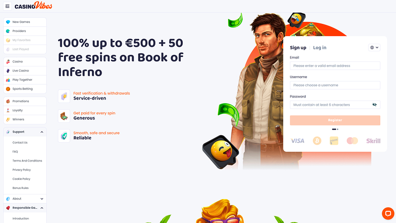 A casino landing page shows a 100% up to €500 plus 50 free spins welcome offer on Book of Inferno with a sign-up form.