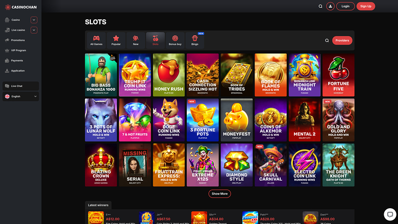 A 'SLOTS' lobby page on the Casinochan site showing a grid of game tiles, a left sidebar menu, and a latest winners strip at the bottom.