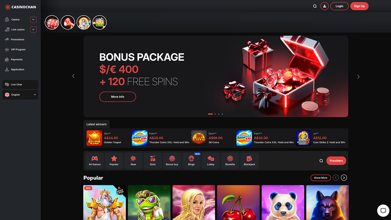 An online casino lobby page for Casinochan showing a bonus package hero banner, a latest winners strip, category tabs and a Popular games row.