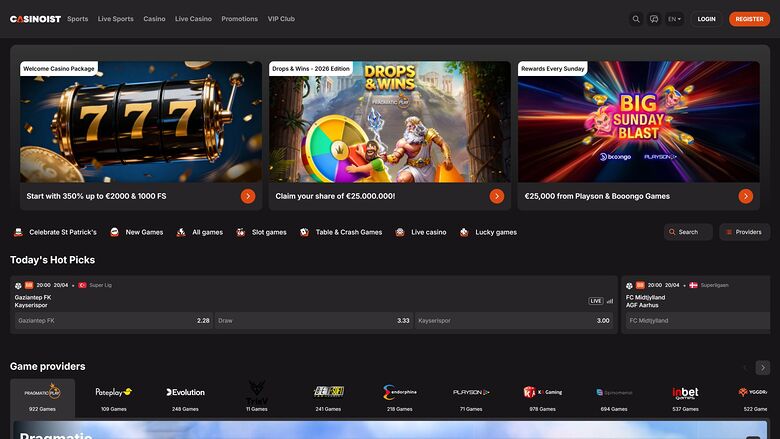A dark-themed online casino lobby homepage showing promotional banners, category tabs, a sports betting widget and a game provider row.