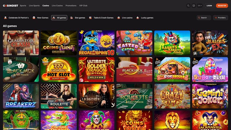 An online casino lobby page titled 'All games' showing a grid of game tiles beneath a top navigation bar and category tabs.