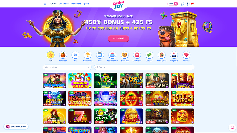 Casino Joy lobby screen showing a welcome bonus banner above a row of category icons, a provider dropdown and search bar, and a grid of game tiles.