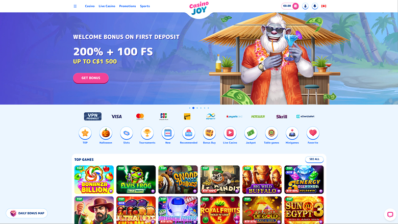 A Casino Joy homepage showing a welcome bonus hero banner, payment icons, lobby category icons and a Top Games grid.