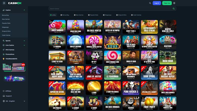 A casino lobby screen shows a grid of game tiles under a search bar and category tabs, with a left sidebar of menu sections.