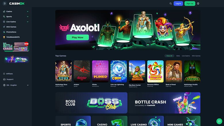 A dark-themed online casino lobby shows a large Axolotl promotional banner above a Top Games row and Boss Club and Bottle Crash promo panels.
