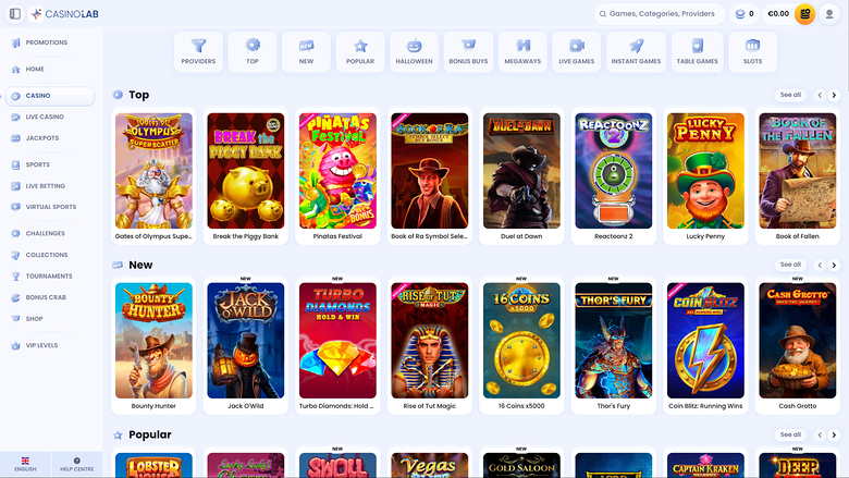 CasinoLab lobby screen showing a left sidebar menu, a top category tab row, and rows of game tiles under Top, New and Popular headings.