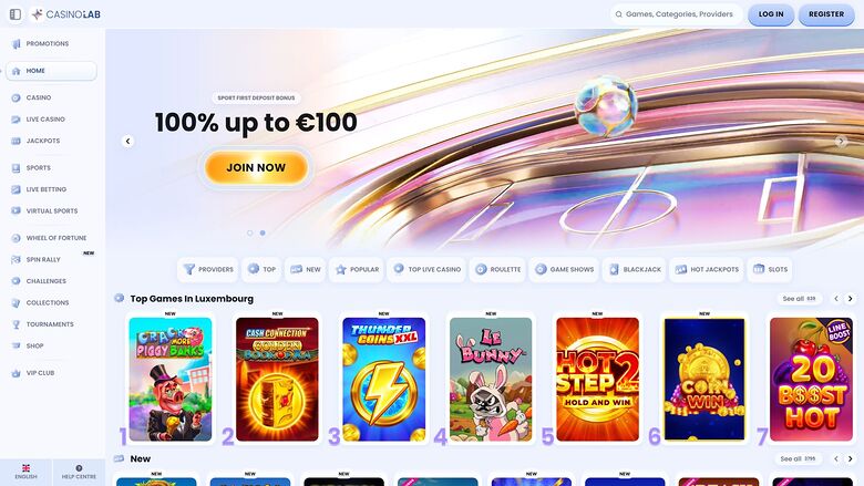 An online casino lobby page for CASINOLAB showing a 100% up to €100 first deposit bonus and a row of game tiles.