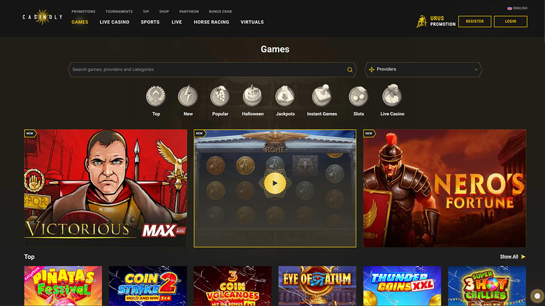 A casino lobby 'Games' page showing a search bar, category icons, three large promotional tiles and a row of game thumbnails.