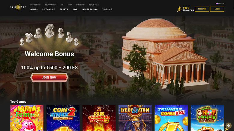 A casino homepage with a 'Welcome Bonus' hero banner and a 'Top Games' row of six game tiles.