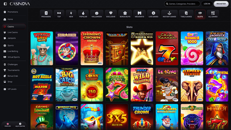 An online casino lobby titled Slots shows a grid of game tiles with a left sidebar and top navigation.