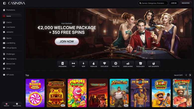 Casinova online casino lobby showing a welcome bonus hero banner and a row of game tiles under a Top section.