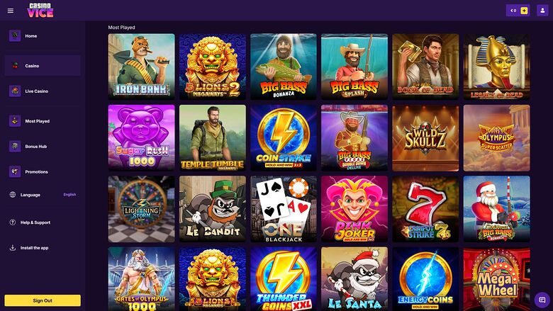 An online casino lobby screenshot showing a dark purple interface with a left sidebar menu and a grid of game tiles under the heading Most Played.