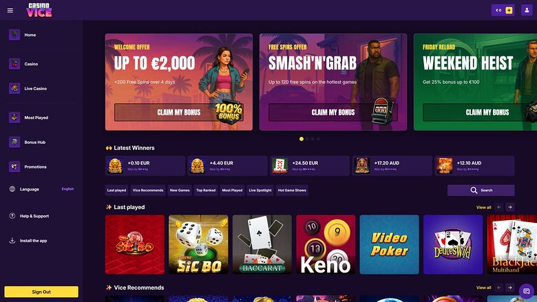 Casino Vice lobby screen showing a left sidebar menu, three promotional banners, latest winners ticker, and rows of game tiles.