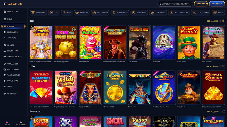 A Cazaus online casino lobby shows Top, New and Popular game rows with a left sidebar of casino categories and a top bar with login and register buttons.