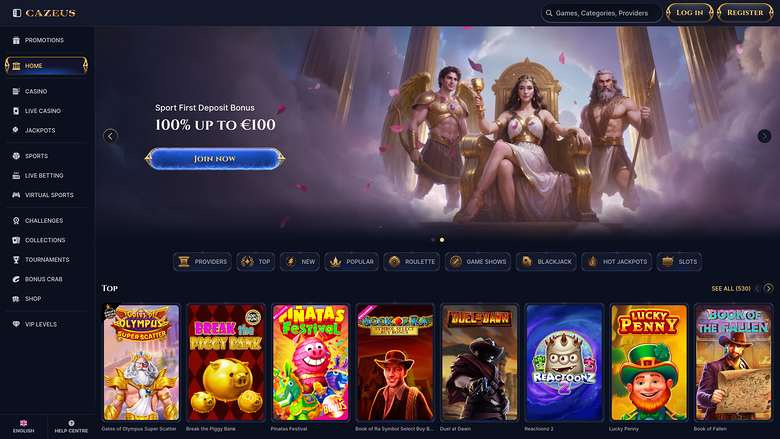 A Cazaus casino lobby screen showing a first deposit bonus banner and a row of game tiles under a Top section.