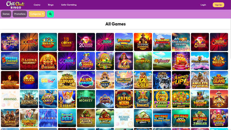 An online casino lobby titled 'All Games' displays a grid of game thumbnails beneath a purple header with Casino, Bingo and Safer Gambling links.
