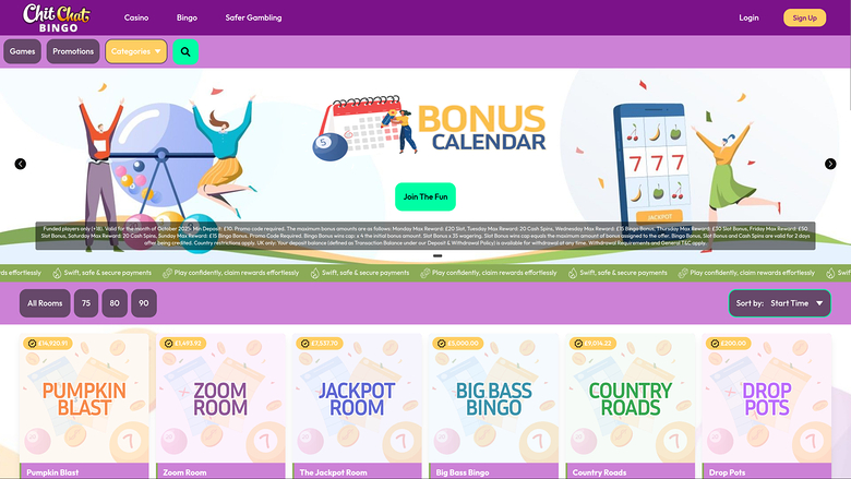 A Chit Chat Bingo lobby page shows a Bonus Calendar hero banner, category tabs, room filters and a grid of bingo room tiles.