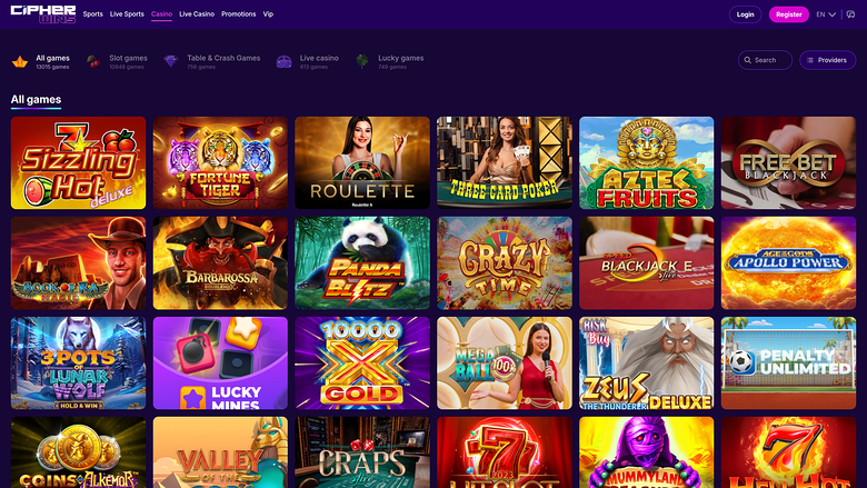 An online casino lobby screen showing a grid of game tiles under an 'All games' heading with category tabs above.