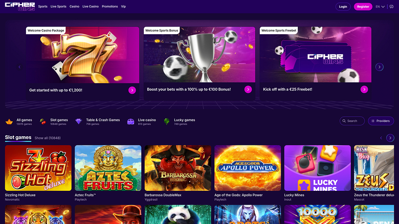 A Cipher online casino homepage shows a promotions carousel above a slot games grid with category tabs.