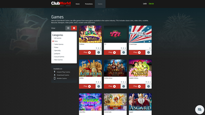 A 'Games' lobby page on the Club World Casinos site showing a category sidebar and a grid of game tiles with Play buttons.