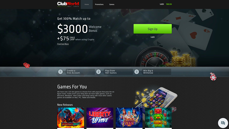 A Club World Casinos homepage showing a $3000 welcome bonus hero, a three-step sign-up strip and a New Releases game row.