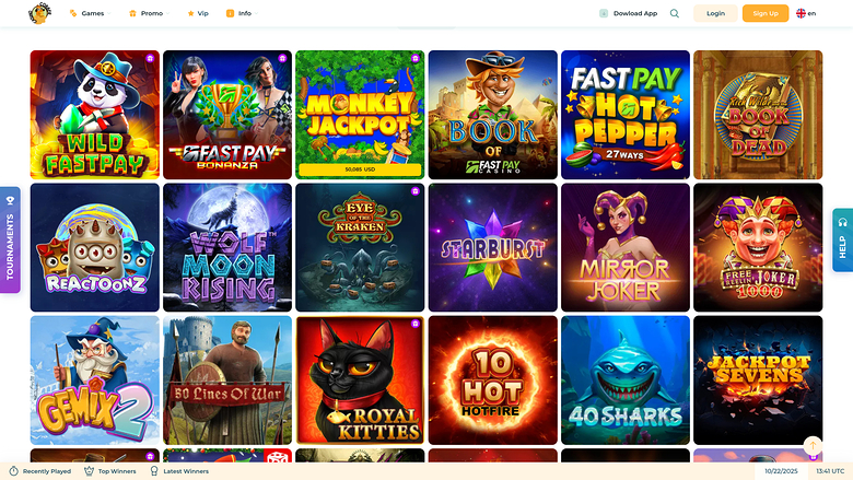 An online casino lobby shows a grid of game thumbnails under a top menu bar with login and sign-up buttons.