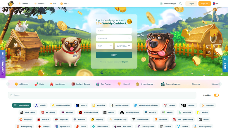 {"summary":"A casino lobby homepage shows a registration panel over a cartoon farm scene with a dog and a rottweiler, plus game category tabs and provider logos