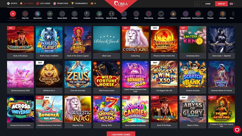 A casino lobby screen shows a top navigation bar, a provider filter row, and a grid of game tiles with a Load More Games button.