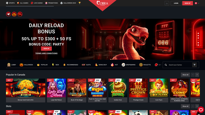 An online casino lobby page for Cobra Casino showing a Daily Reload Bonus hero banner and rows of game tiles under Popular in Canada and Slots.