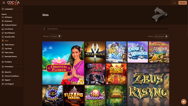 A casino lobby Slots page showing a left sidebar menu, a search bar, filter and sort controls, and a grid of game tiles.
