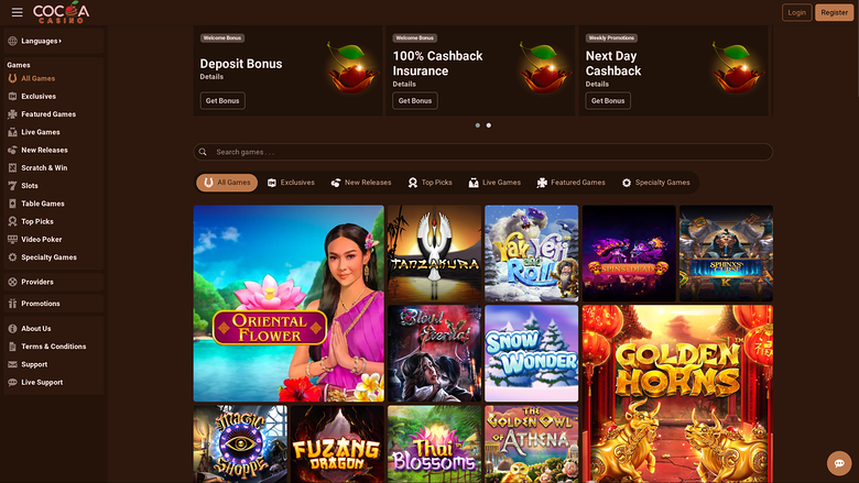An online casino lobby screenshot showing a left sidebar menu, three promotional bonus banners, a search bar, category tabs and a grid of game tiles.